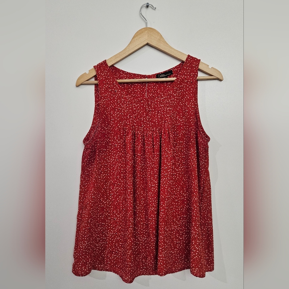 Dalia Red‎ Polka Dot Blouse Medium Pleated Neck Sleeveless Relaxed Fit Boho